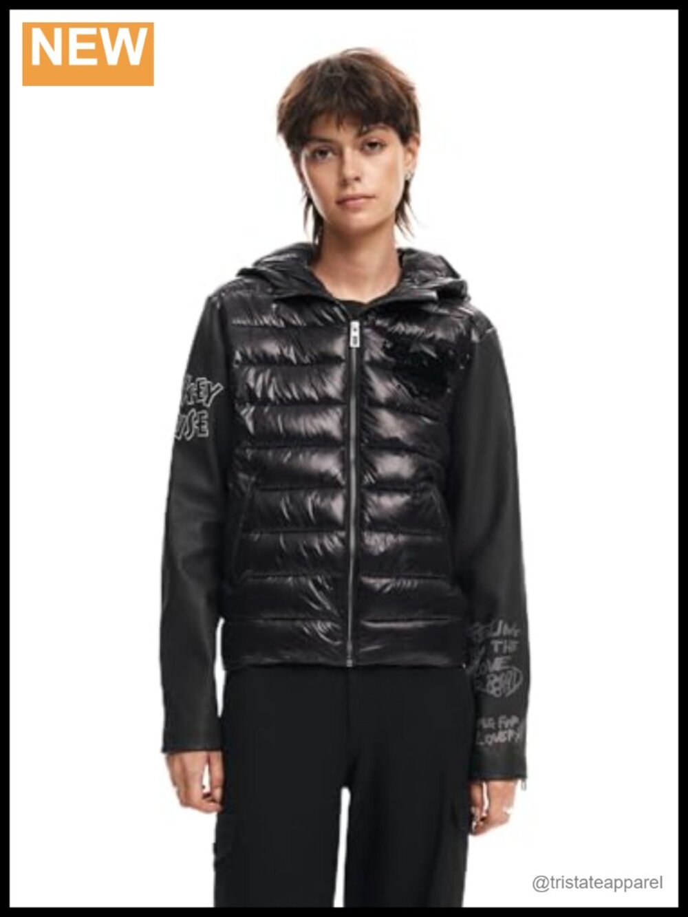Desigual Women's Quilted PU Coat Long Sleeve Hooded Zipper Fall Outerwear